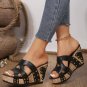 Black Hollowed PU Leather Rivet Wedge Slippers