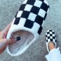 Black Checkered Print Fuzzy Slip On Winter Slippers