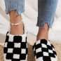 Black Checkered Print Fuzzy Slip On Winter Slippers