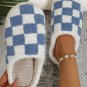 Light Blue Checkered Print Fuzzy Slip On Winter Slippers