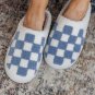 Light Blue Checkered Print Fuzzy Slip On Winter Slippers