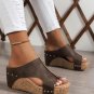 Chestnut Hollow Out Studded PU Leather Wedge Slippers