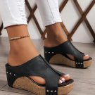 Black Hollow Out Studded PU Leather Wedge Slippers