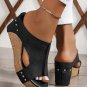 Black Hollow Out Studded PU Leather Wedge Slippers