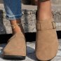 Light French Beige Suede Buckle Detail Slippers