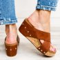 Chestnut Toe Ring Cross Cutout Studded Wedge Slippers