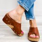 Chestnut Toe Ring Cross Cutout Studded Wedge Slippers
