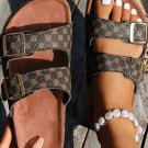 Coffee Geometric Print Cut Out Buckle PU Leather Flat Slippers
