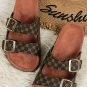 Coffee Geometric Print Cut Out Buckle PU Leather Flat Slippers