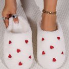 White Heart Shape Embroidered Slip On Plush Slippers