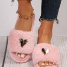 Pink Heart Shape Buckle Decor Open Toe Plush Slippers