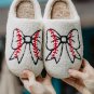 White Bow Knot Rugby Pattern Plush Warm Slippers