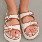 Beige Linen Dual Buckle Strap Thick Sole Outdoor Slippers
