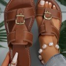 Coffee Buckle Decor Dual Bands PU Leather Flat Slippers