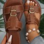 Coffee Buckle Decor Dual Bands PU Leather Flat Slippers