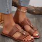 Coffee Buckle Decor Dual Bands PU Leather Flat Slippers