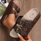 Coffee Checkered Print Dual Buckle Cut Out Platform Slippers
