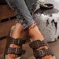Coffee Checkered Print Dual Buckle Cut Out Platform Slippers