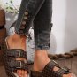 Coffee Checkered Print Dual Buckle Cut Out Platform Slippers