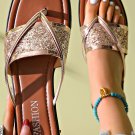 Gold Glitter Band Square Toe PU Leather Flat Slippers