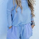 Light Blue Plus Size Ribbed Long Sleeve Top and Drawstring Shorts Set