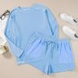 Light Blue Plus Size Ribbed Long Sleeve Top and Drawstring Shorts Set
