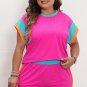 Rose Red Colorblock Patchwork Cap Sleeve Top Plus Size Shorts Set