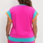 Rose Red Colorblock Patchwork Cap Sleeve Top Plus Size Shorts Set