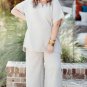 Beige Plus Size Textured Collared Top and Pants Set