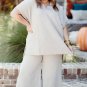 Beige Plus Size Textured Collared Top and Pants Set