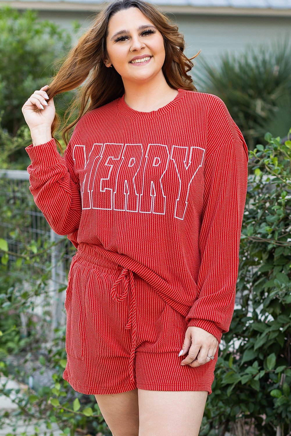 Racing Red MERRY Ribbed Knit Long Sleeve Lace Up Waist Plus Size Set