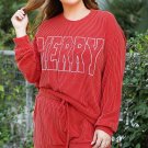 Racing Red MERRY Ribbed Knit Long Sleeve Lace Up Waist Plus Size Set