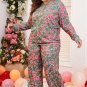 Green Plus Size Printed Long Sleeve and Pants Lounge Set