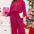 Rose Red Plus Size Ribbed Long Sleeve Shirt and Pants Pajama Set