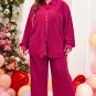 Rose Red Plus Size Ribbed Long Sleeve Shirt and Pants Pajama Set