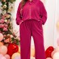 Rose Red Plus Size Ribbed Long Sleeve Shirt and Pants Pajama Set