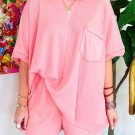 Pink Plus Size Ribbed Exposed Seam Tee and Shorts Set