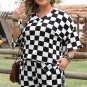 Black Checkered Pattern Tee and Shorts Plus Size Two Piece Set