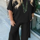 Black Textured Batwing Sleeve Tee Wide Leg Pants Plus Size Set