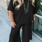 Black Textured Batwing Sleeve Tee Wide Leg Pants Plus Size Set