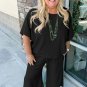 Black Textured Batwing Sleeve Tee Wide Leg Pants Plus Size Set