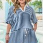 Blue Stripe Short Sleeve Collared V Neck Top Plus Size Short Set