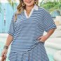 Blue Stripe Short Sleeve Collared V Neck Top Plus Size Short Set