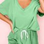 Mint Green Plus Size V Neck Tee Patched Pocket Drawstring Shorts Set