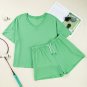 Mint Green Plus Size V Neck Tee Patched Pocket Drawstring Shorts Set