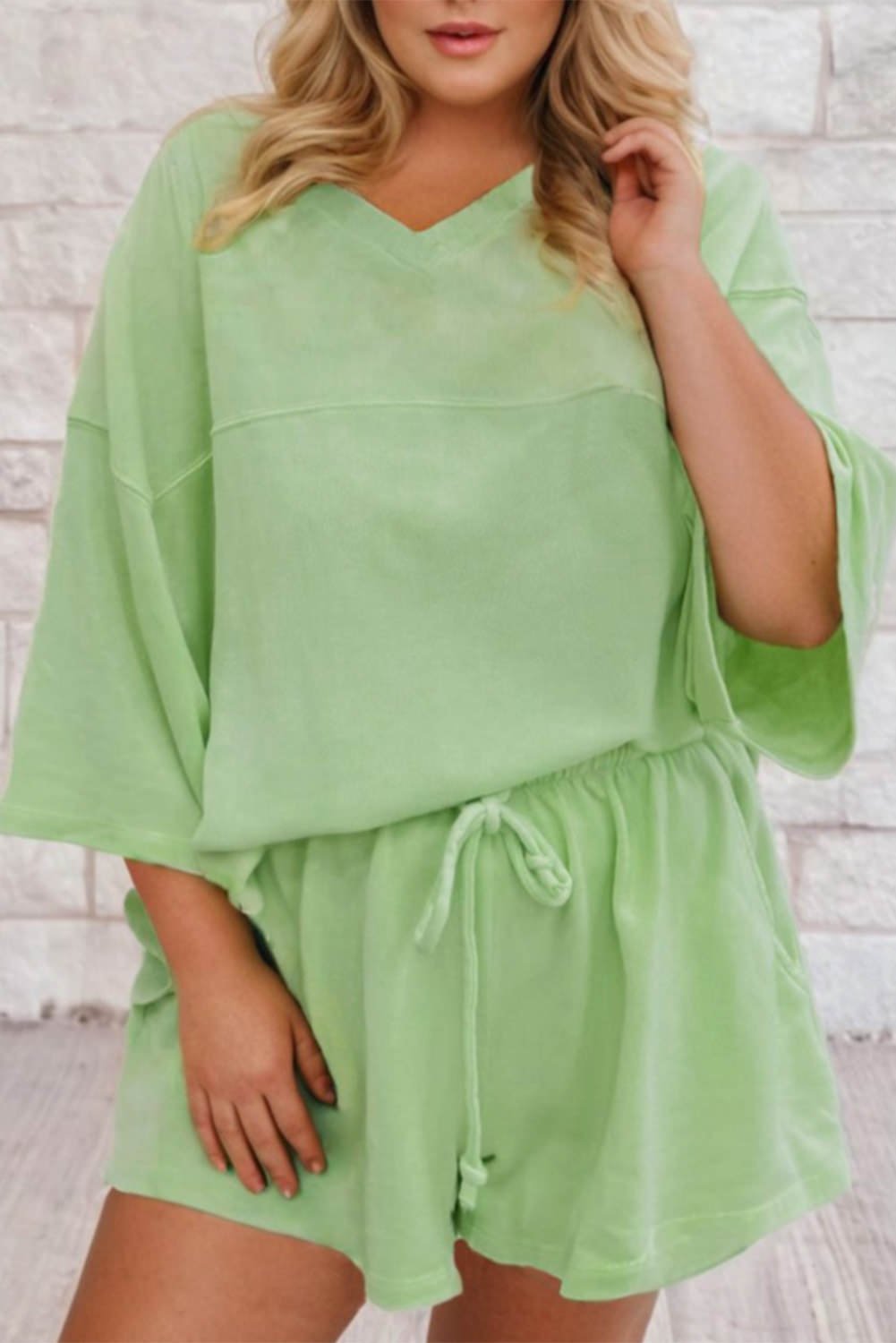 Meadow Mist Green Plus Size Drop Shoulder Tee Loose Shorts 2pcs Outfit