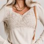 Beige Lace Crochet V Neck Long Sleeve Top
