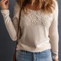 Beige Lace Crochet V Neck Long Sleeve Top