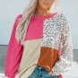 Rose Leopard Patchwork Color Block Ribbed Long Sleeve Top