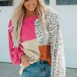 Rose Leopard Patchwork Color Block Ribbed Long Sleeve Top